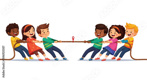 Diverse group of happy children playing tug of war together outdoors