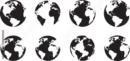 Eight rotating globe icons in black white