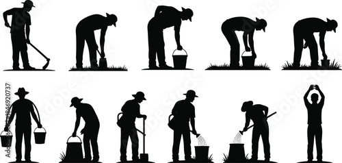 Silhouette collection of farmers working, men gardening, digging soil, planting crops, carrying buckets, and watering plants, agricultural labor vector illustration set.