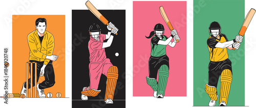 Stylish vector collection of cricket players, including male and female batsmen, in vibrant, dynamic action poses, representing sports, athleticism, competition, and diversity in the game.