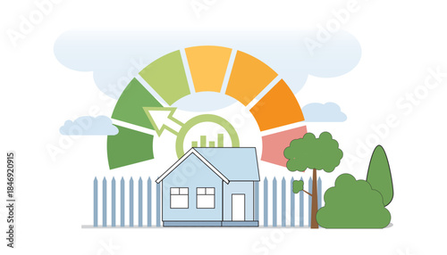 Illustration of a house with a large performance gauge indicating high energy efficiency in the green zone. Focus on sustainable living.