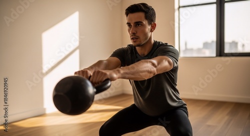 Athletic man performing a kettlebell squat exercise indoors, functional training