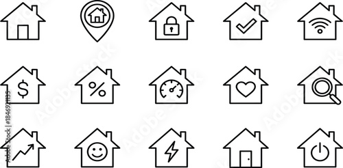 Essential Real Estate, Home, and Property Vector Line Icons Set, Including House, Location, Security, Value, and Wi-Fi for Apps.