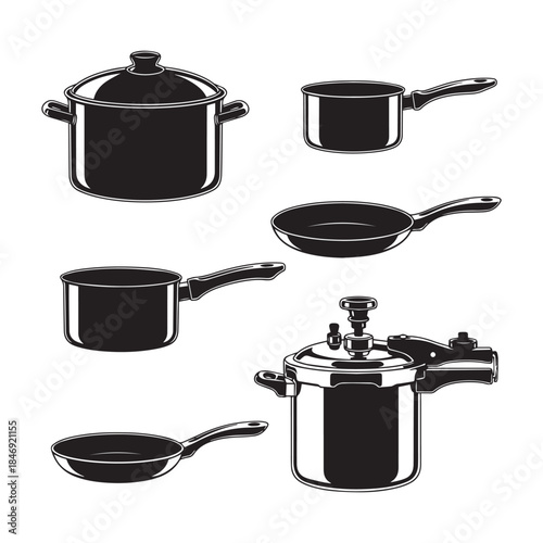 Cooking Pots Pans And Pressure Cooker Silhouettes Collection,Cookware Silhouettes,Vector Kitchen Utensils,Cooking Vessels Shapes,cookware vector