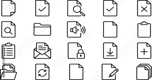 Modern Document, File Management, and Office Paper Vector Line Icons Set, Including Folder, Search, Approved, and Download for UI.