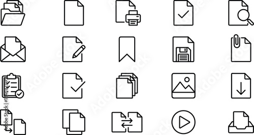 Modern Files, Documents, and Paperwork Vector Line Icons Set, Including Folder, Print, Clipboard, Disk, and Editing for Office Use.