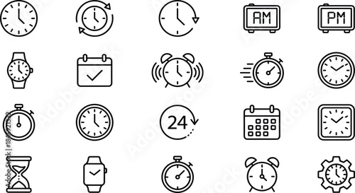 Modern Time, Clock, and Scheduling Vector Line Icons Set, Including Stopwatch, Alarm, Calendar, Watch, and 24-Hour for Apps and UI.