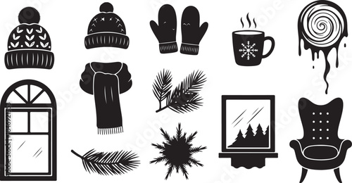 Cozy winter icons set for holiday design