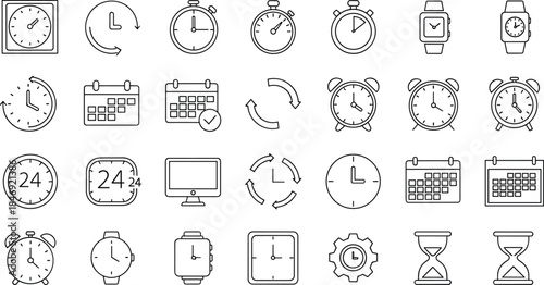 Vector line icon set featuring time management symbols like clocks, calendars, stopwatches, hourglasses, alarms, and watches isolated on white background.