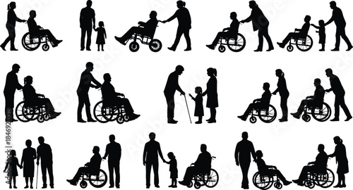 Silhouette set of disabled people in wheelchairs, caregivers helping elderly, nurses with patients, family 