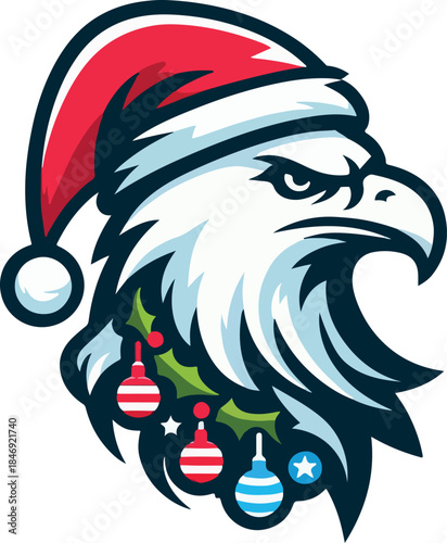 Funny cartoon chicken character with Santa Claus face wearing a Christmas hat