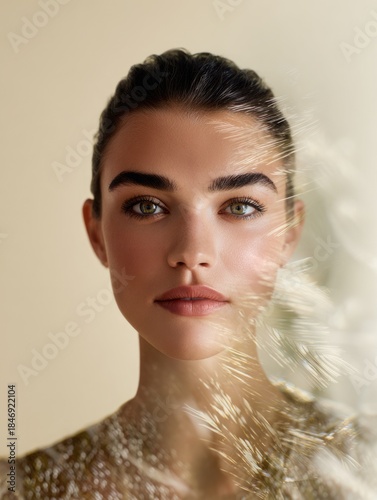 A young Caucasian woman with dark hair and striking blue eyes poses against a soft, neutral background. She has a natural makeup look and a serene expression.