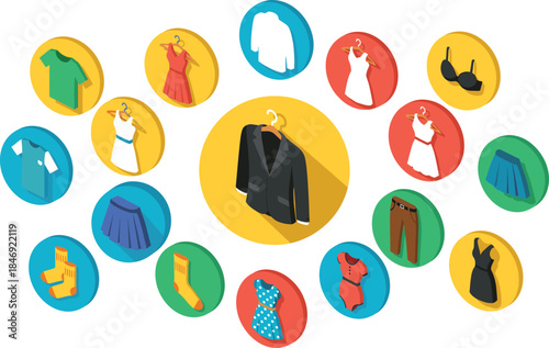 Circular vector arrangement of modern 3D isometric flat design icons representing various items of apparel, including dresses, suits, shirts, skirts, and socks, ideal for fashion and retail designs.