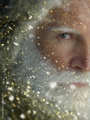 Close-up of a senior Caucasian man with a long white beard and blue eyes. Sparkling snowflakes surround him, creating a festive atmosphere.