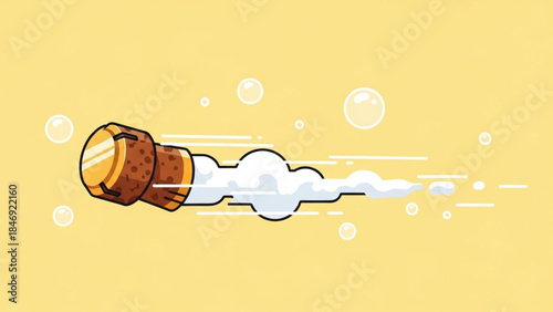 Whisk flying through air with motion lines, white bubbles on yellow background