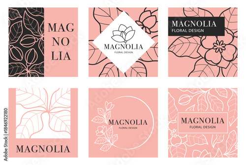 Square Floral Banners and Labels with Magnolia Flowers, Vector Illustration