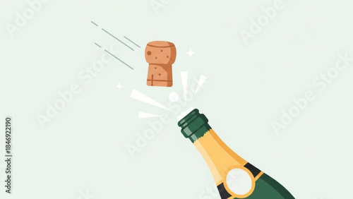 Champagne bottle popping with flying cork and celebratory sparks on light green background