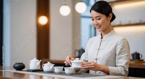 Young woman serving traditional chinese tea, elegant ceremony