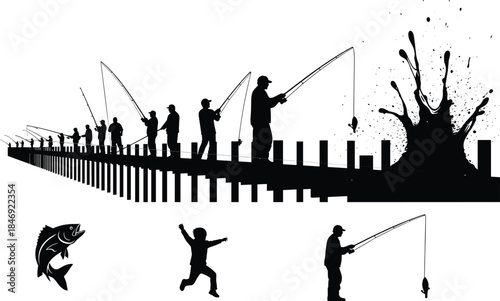 Silhouette vector illustration of group of fishermen on pier with fishing rods, big splash, jumping fish, and happy child playing isolated on white.
