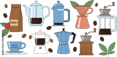Vector Collection of Coffee Preparation Tools and Accessories; French Press, Moka Pot, Drip Filter, Grinder, Espresso Maker, and Arabica Beans.
