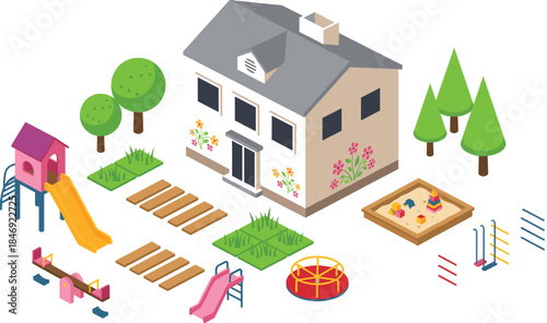 PrintDetailed vector illustration in an isometric style showing a suburban house with a garden, trees, and a complete children's playground featuring a slide, seesaw, and sandbox.
