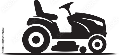 Black silhouette of a riding lawn mower with large rear wheels and a steering wheel