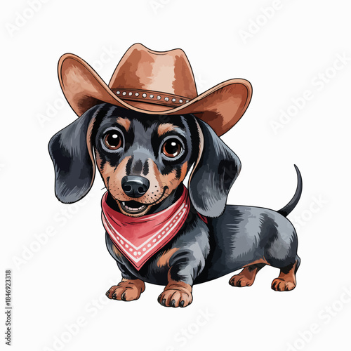 A cute dachshund is dressed as a cowboy, complete with a hat and bandana.