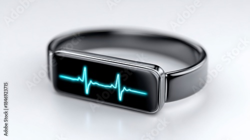 Sleek wristband displays glowing blue heart rhythm on screen
