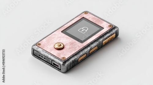 Small, metallic, steampunk-inspired device with a locked screen