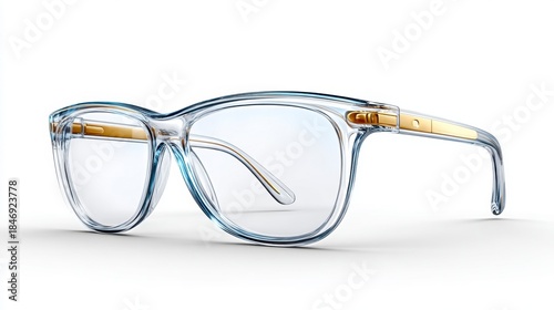 Transparent clear-rimmed eyeglasses with gold accents on a white background
