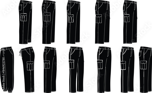 Vector set of men's black cargo pants and trousers technical fashion illustration isolated on white background for apparel design and clothing templates