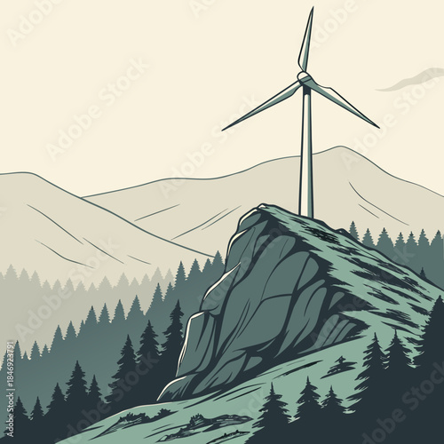 Wind turbine on rocky hilltop with trees and mountains