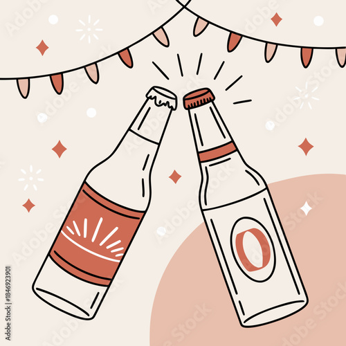 Cartoon beer bottles clinking together in celebration