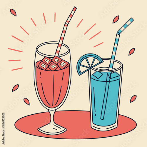 Two glasses of colorful drinks with straws and ice