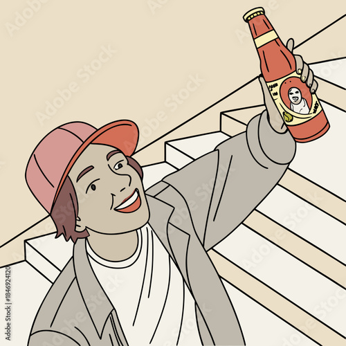 Smiling man in cap holding up bottle of hot sauce on stairs