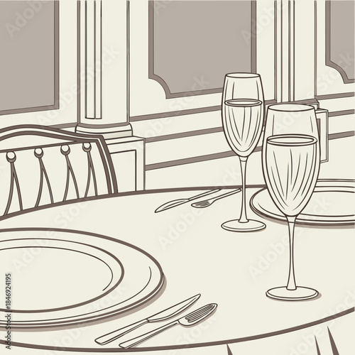 Table setting with wine glasses and silverware plate