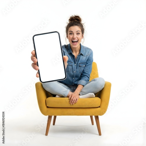 Excited young woman sitting on yellow armchair showing big smartphone with blank white screen isolated on white background.