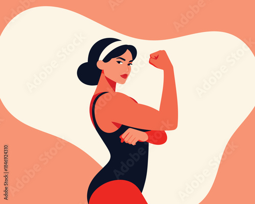 Strong woman flexing her muscles in a powerful pose with confidence and determination