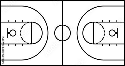 Simple black and white technical diagram of a basketball court, showing clear schematic lines from above for the key area and free throw area, on an isolated white background