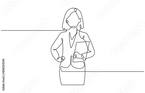 Confident business woman showing something or presenting animation.