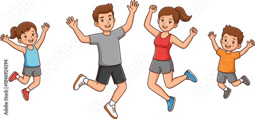 Happy family, jumping together, cartoon style, joyful pose, active lifestyle, smiling faces, playful energy, healthy fun, vector design, flat vector illustration
