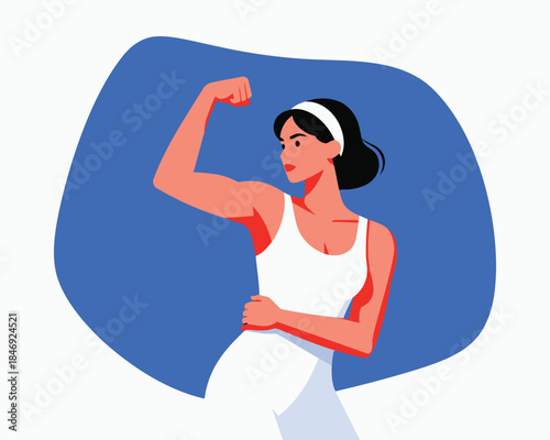 A woman in a white tank top flexing her arm muscle confidently