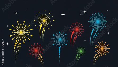 Vibrant colorful fireworks exploding in night sky with stars