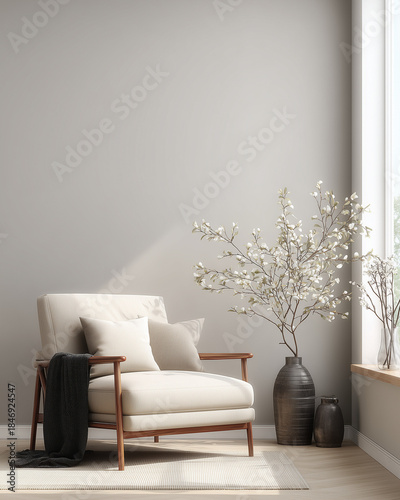 Modern living room mockup, white armchair on grey empty