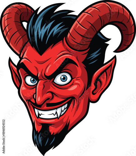 Cartoon devil head, red skin, blue eyes, sharp teeth, curved horns, sinister grin, mythical creature, fantasy mascot -flat vector illustration