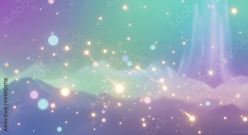 Dreamy pastel landscape with glowing lights and ethereal mountains, perfect for fantasy book covers and magical children's stories with a whimsical feel