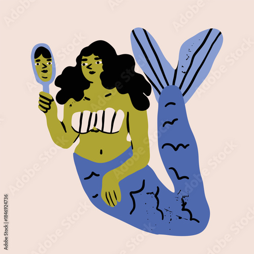 Cute Mermaid with mirror. Beautiful abstract underwater character. Fairy marine creature with fish scales and tail. Hand drawn Vector illustration. Unique modern style. Isolated design element