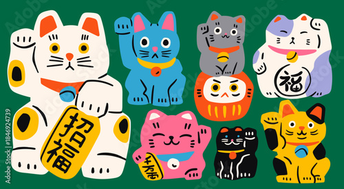 Maneki Neko set, Daruma. Various asian cats. Traditional souvenir. Talisman, amulet, good luck symbol, fortune, success, prosperity concept. Hand drawn Vector illustration. Isolated design elements