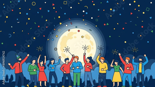 People celebrating with sparklers under a full moon at night with confetti