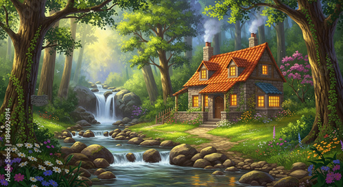Enchanted Forest Cottage by Waterfall with Glowing Windows, 3D Painting Wallpaper, 3d modern art mural wallpaper, 3d mural wallpaper.	